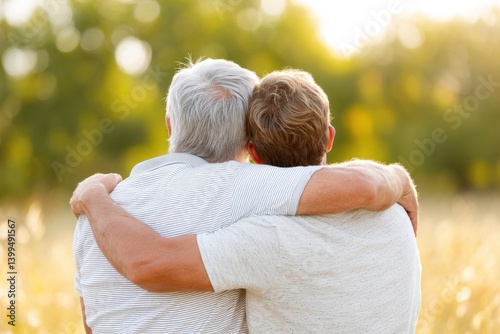 Embracing moments between a father and son in a sunlit field showcasing love, connection, and family bonds, highlighting the importance of relationships concept photo