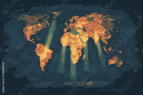 Exploring a pixelated world map highlighted with dynamic spotlight effects showcasing various continents and regions in a vibrant and colorful design