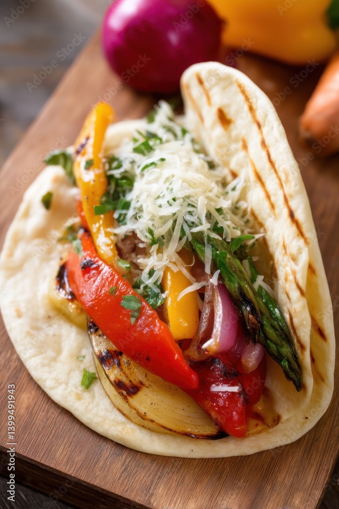 Obraz premium Delicious vegetarian taco with grilled vegetables and grated cheese lying on wooden cutting board