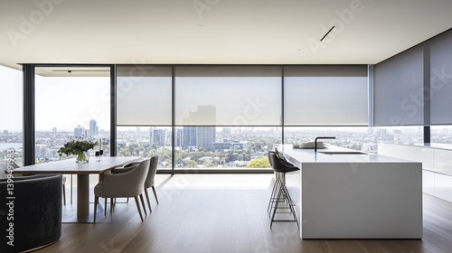 Modern interior with PVC mesh roller blinds partially rolled down on large windows
