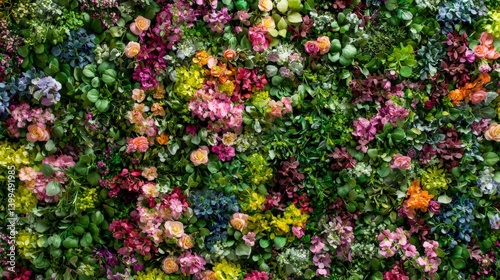 A vertical garden wall adorned with colorful flowers and herbs,