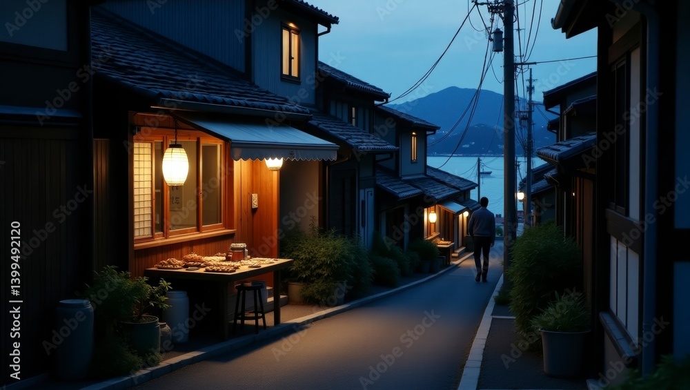 A scenic street at night in a hidden japanese port village captured at twilight with soft glow from lanterns creating a magical and inviting atmosphere for evening strolls and exploration A scenic street at night in a hidden japanese port village captured at twilight with soft glow from lanterns creating a magical and inviting atmosphere for evening strolls and exploration