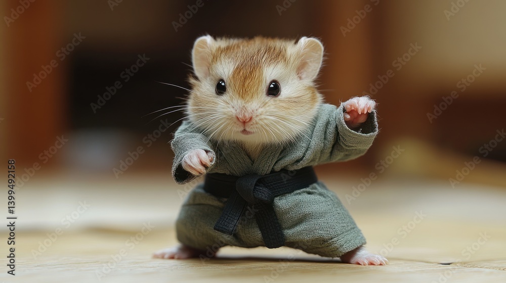 Naklejka premium Cute hamster in karate pose, home interior background