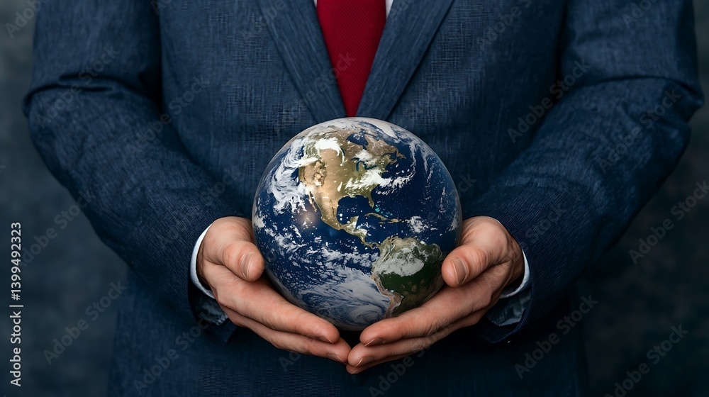 Man in Suit Holding Globe: Depicting Global Stewardship and Environmental Responsibility in Business and Corporate Sustainability.