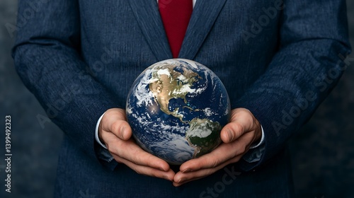 Obraz na płótnie Man in Suit Holding Globe: Depicting Global Stewardship and Environmental Responsibility in Business and Corporate Sustainability. w salonie
