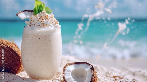 Creamy Coconut Beach Smoothie: Tropical Delight, Refreshing Summer Drink, Vacation Vibes, White Sand, Ocean View