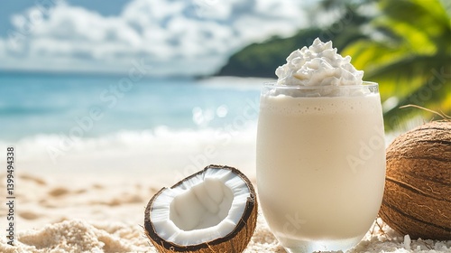 Creamy Coconut Beach Smoothie: Tropical Delight, Refreshing Drink, Summer Vacation, White Sand, Ocean View