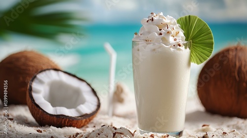 Creamy Coconut Beach Smoothie: Tropical Delight, Whipped Cream,  Island Vacation Drink, Refreshing Summer Beverage, Coconut Milk Shake