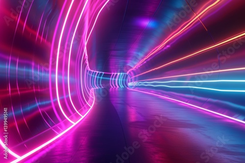 A vibrant display of neon streaks illuminates a futuristic tunnel in a virtual realm, creating a mesmerizing atmosphere of dynamic color and light