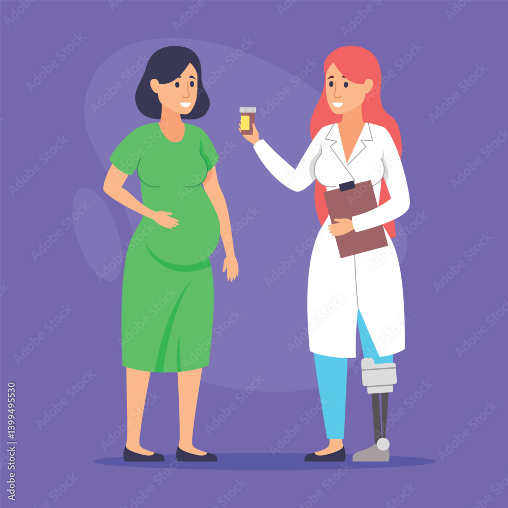 Healthcare professional with prosthetic leg speaking with pregnant woman, holding medication bottle and clipboard. Supportive interaction between doctor and patient concept
