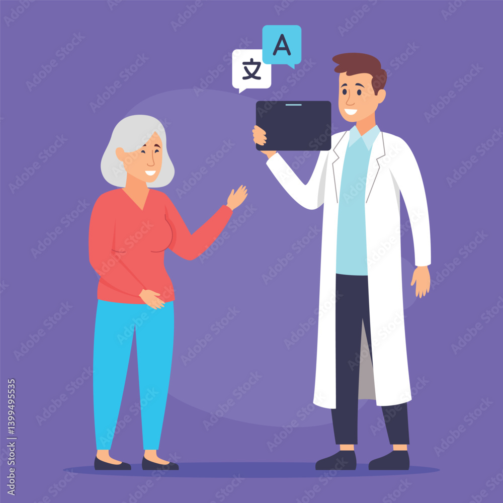 Doctor standing smiling while using tablet to communicate with elderly woman. Patient engaged and curious about t information displayed on screen