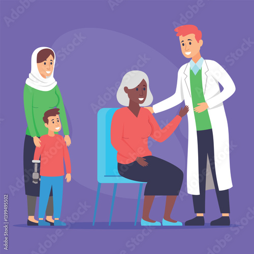 Obraz na płótnie Doctor in white coat engaging with elderly patient seated in chair, while woman and boy with prosthetic arm standing nearby, creating supportive atmosphere w salonie