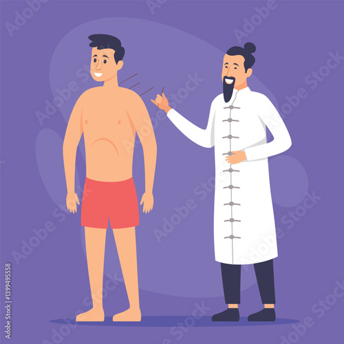 Doctor in white coat performing acupuncture on male patient wearing shorts. Holistic health and alternative medicine practices concept