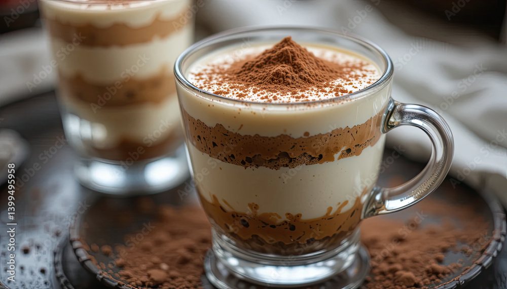 Creamy layered coffee drink topped with cocoa powder, served in glass cup Creamy layered coffee drink topped with cocoa powder, served in glass cup