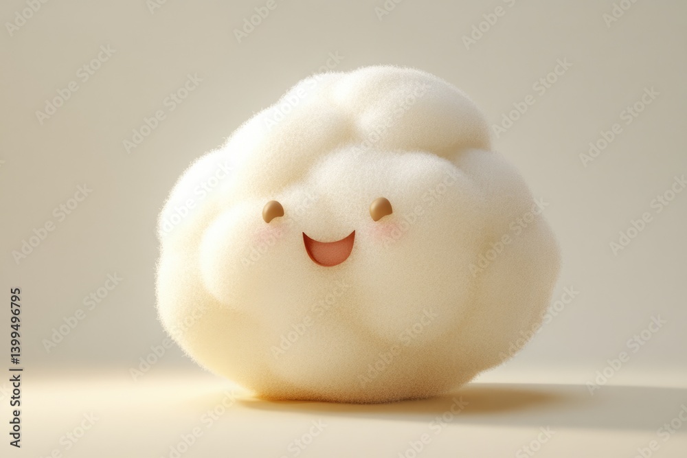 A fluffy, happy cloud character with a smiling face, rendered in 3D. A fluffy, happy cloud character with a smiling face, rendered in 3D.