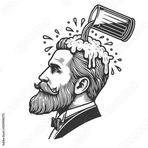 man in a suit with beer being humorously poured onto his head, forming foam sketch engraving generative ai fictional character vector illustration. Scratch board imitation. Black and white image.