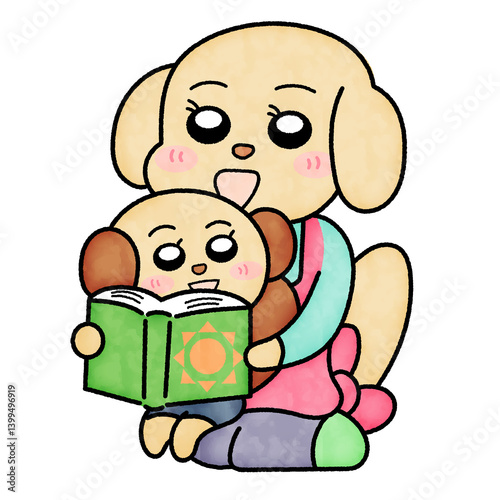 園児と一緒に絵本を読んでいる犬保育士