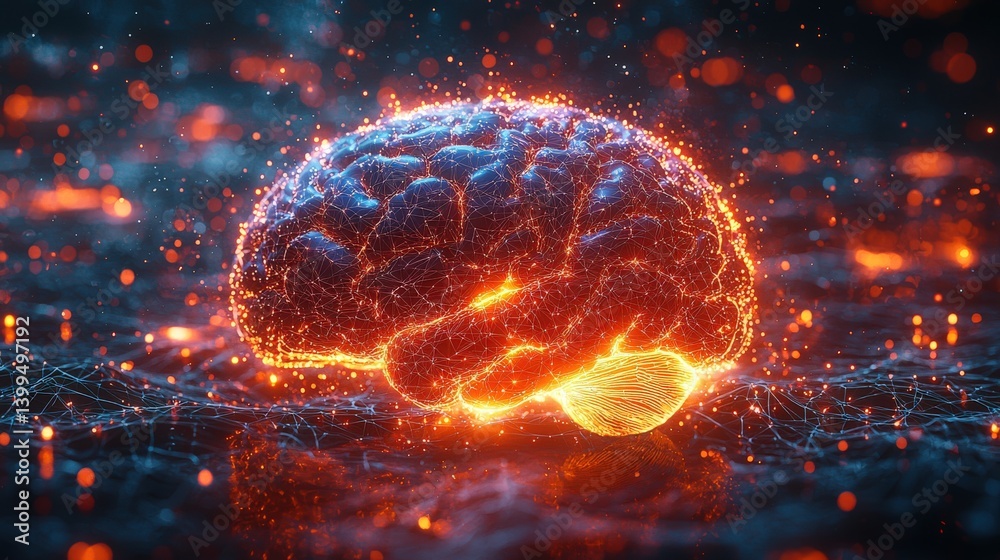A sci - fi style 3D rendered human brain surrounded by glowing energy and particles with a holographic background, featuring a digital cloud data storage icon at the center. A sci - fi style 3D rendered human brain surrounded by glowing energy and particles with a holographic background, featuring a digital cloud data storage icon at the center.
