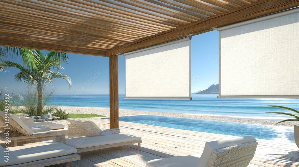 Fototapeta premium Transparent blinds mounted to a pergola, allowing air and filtered light to pass
