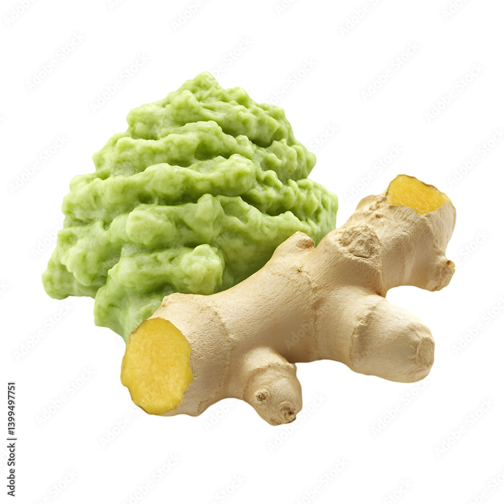 Fototapeta premium A close-up image of a ginger root and a pile of green wasabi paste.