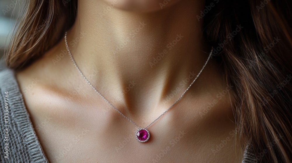 A woman wearing a silver necklace with a red gemstone pendant A woman wearing a silver necklace with a red gemstone pendant