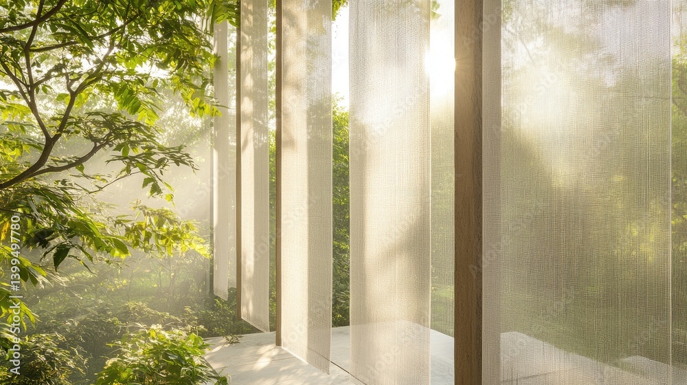 Fototapeta premium Transparent roller blinds hanging from a patio roof, sunlight filtering through softly