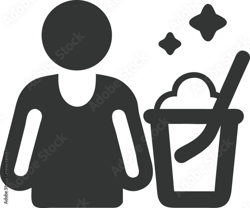 Person With Cleaning Bucket and Sparkles, Icon Illustration, Transparent