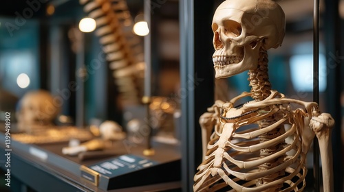 Educational human skeleton display in museum exhibit