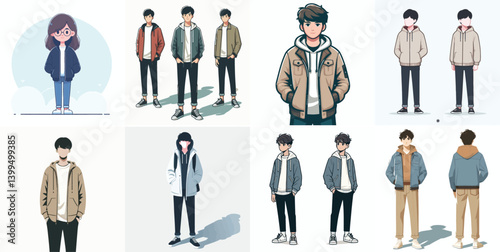Set of Stylized People Illustrations in Trendy Attire (Emphasizes artistic style)
