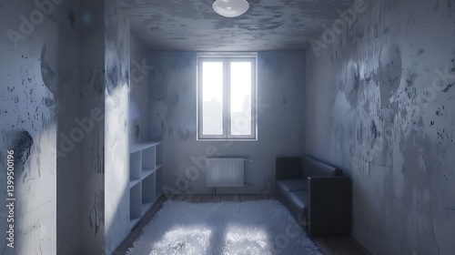 A dingy, sparsely furnished room with peeling paint.