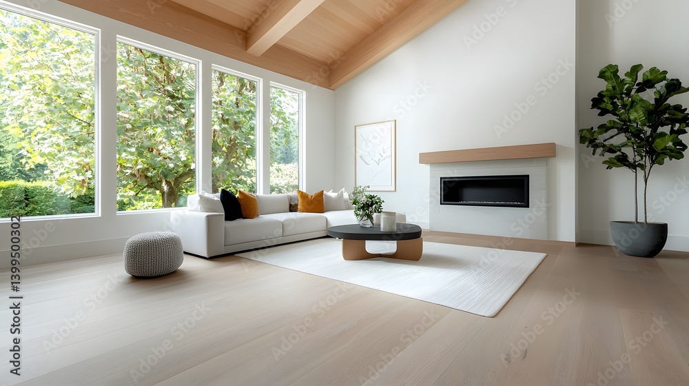 Fototapeta premium Inviting Modern Farmhouse Living Area with a Blend of Natural Textures Vintage Accents and Plush Furnishings Bathed in Soft Natural Light and Featuring a Rustic Wood Beamed Ceiling Cozy Fireplace