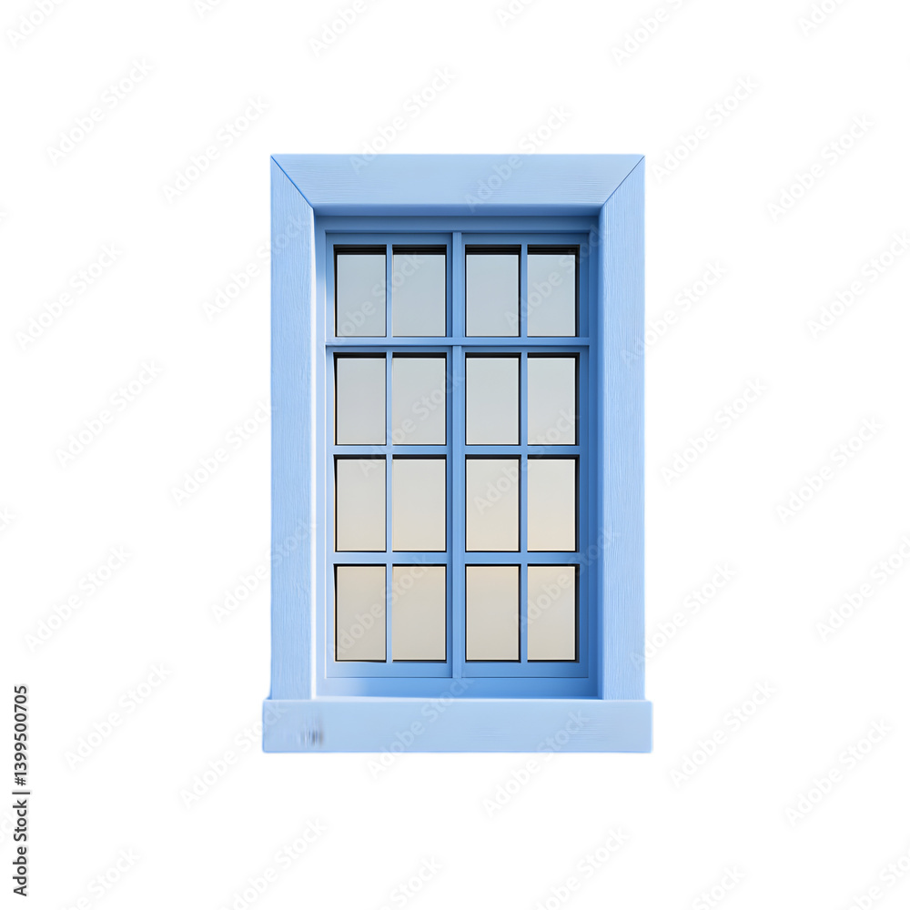 A digitally rendered light blue window with divided panes set against a white wall. A digitally rendered light blue window with divided panes set against a white wall.
