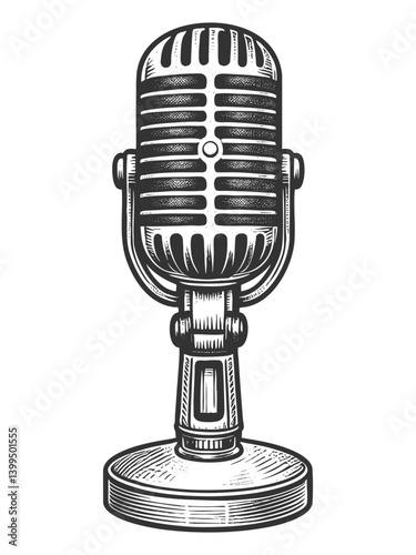 retro microphone on a stand, perfect for music, podcasts, or broadcasting themes sketch engraving generative ai vector illustration. Scratch board imitation. Black and white image.