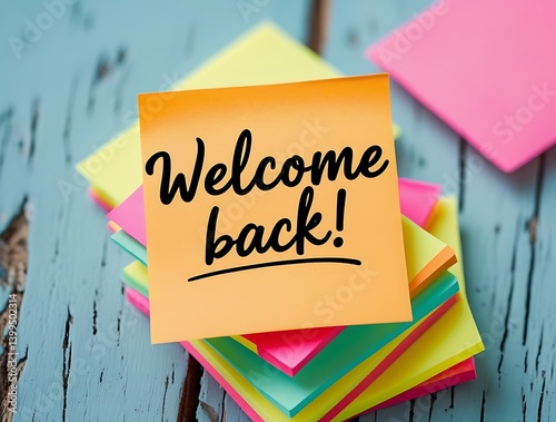 Vibrant post-it note with welcome back handwriting placed on colorful notes, conveying greeting, motivation, and organization in a cheerful work or school environment