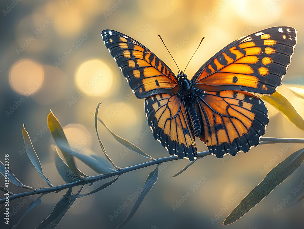 Obraz premium Beautiful butterfly with orange black wings perched on a branch golden sunlight behind it