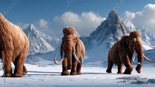 Woolly Mammoth's Winter Stroll: Majestic woolly mammoths roam a snowy landscape against a backdrop of imposing mountain peaks, a captivating glimpse into a prehistoric world, a symbol of resilience.