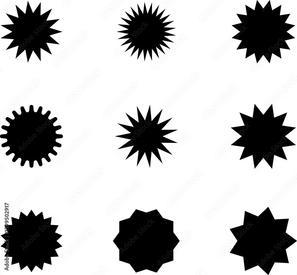 Set of vector starburst, sunburst badges. Black icons in Simple flat style vintage stickers, labels Set of vector starburst, sunburst badges. Black icons in Simple flat style vintage stickers, labels