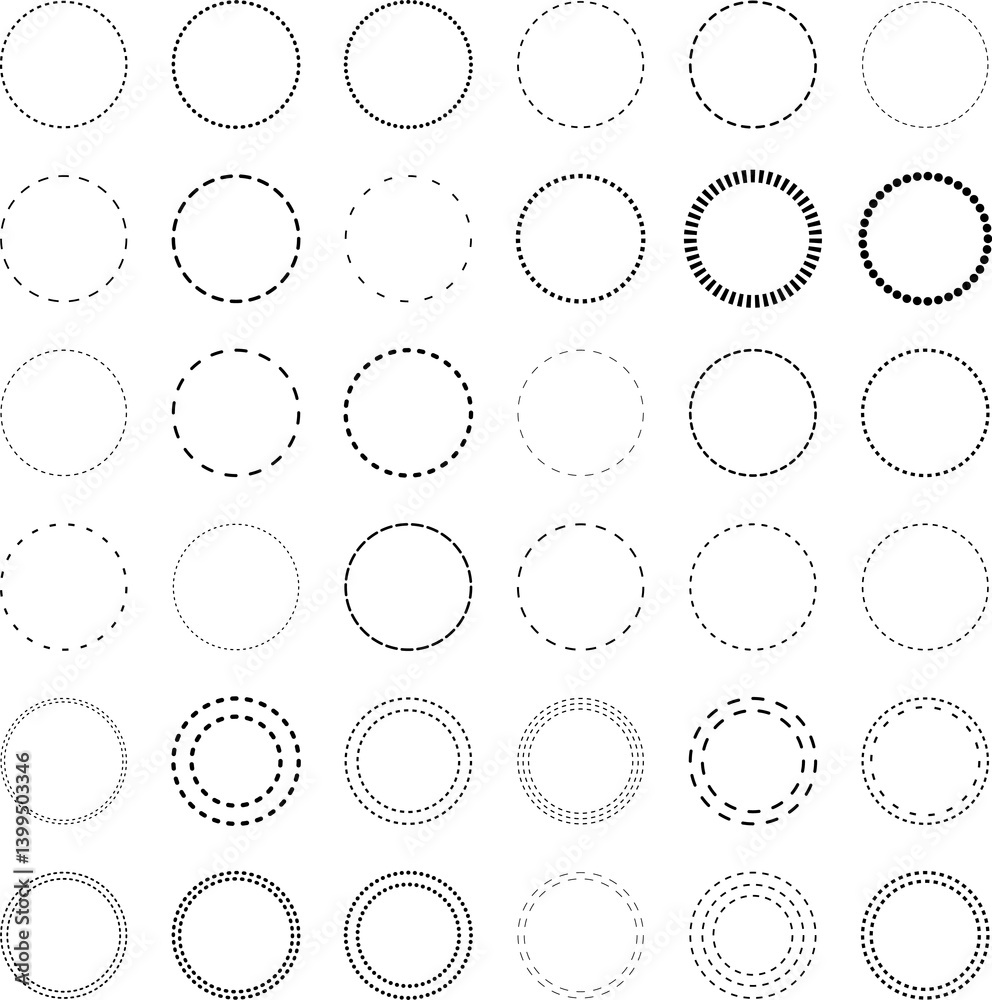 Dotted line circle frame. Dashed outline design of border. Icon of cut frame. Dash line shapes Dotted line circle frame. Dashed outline design of border. Icon of cut frame. Dash line shapes