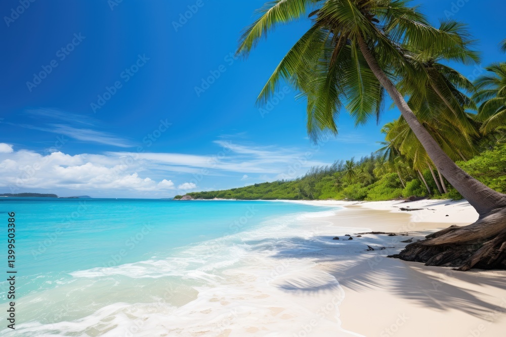 Fototapeta premium A beautiful tropical beach with turquoise waters, swaying palm trees, and soft white sands on a sunny day inviting visitors to relax and enjoy nature's tranquility