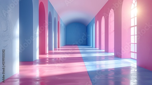 Pastel arch hallway, sunlight streams through windows
