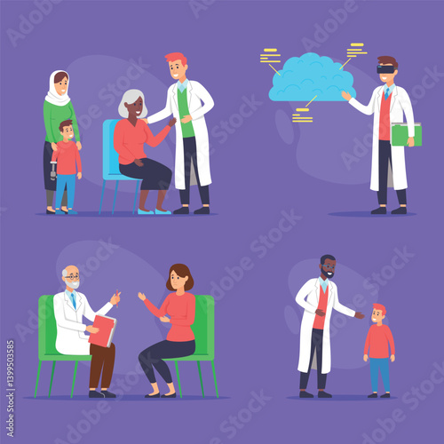 Medical practitioners assisting patients of various ages in different healthcare scenarios. Including consultations, check-ups, and discussions with families about treatment options