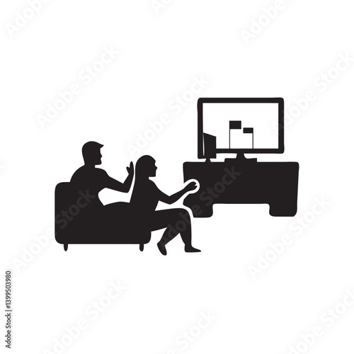 Couple arguing while gaming on PC dark silhouette simple vector art intense emotion depicted in minimalist style domestic dispute