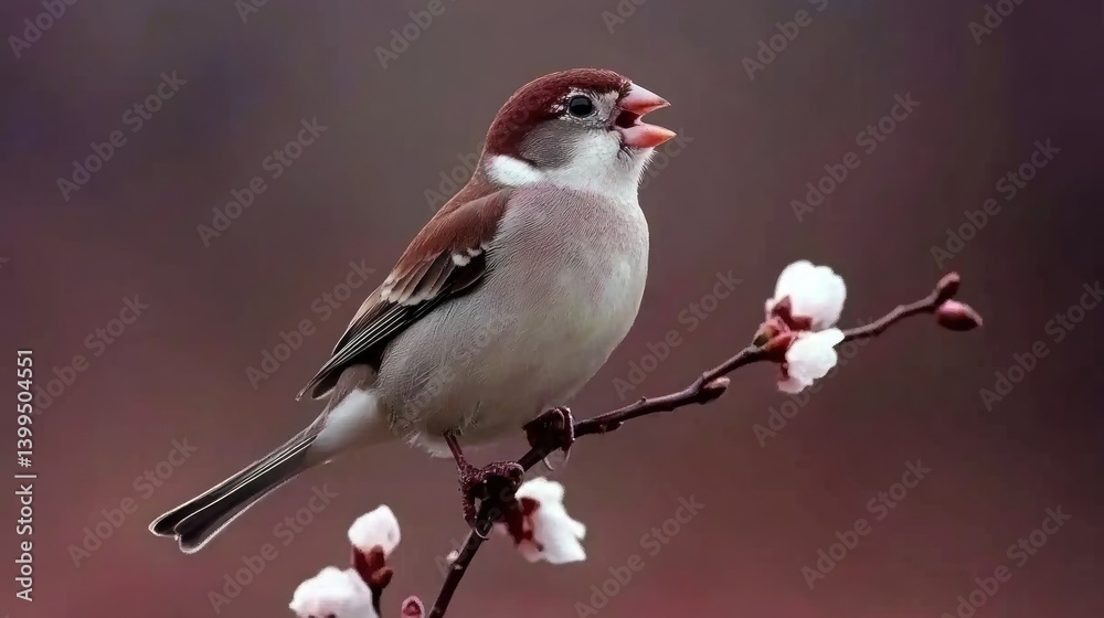 Fototapeta premium Sparrow singing on branch with blossoms