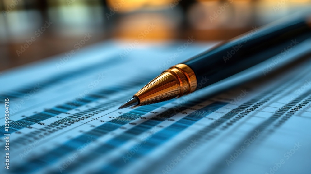 Fototapeta premium Pen resting on financial documents in office