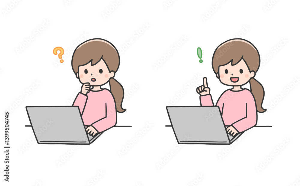 パソコンに向かい考えて解決する女性のセット パソコンに向かい考えて解決する女性のセット