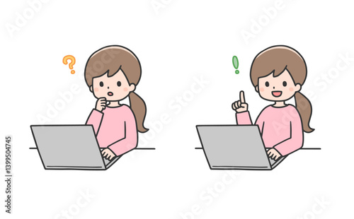 パソコンに向かい考えて解決する女性のセット