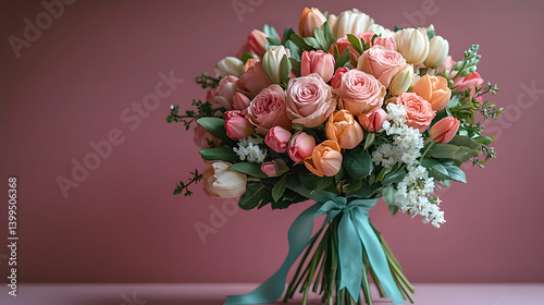 Elegant bouquet of pastel-colored roses and tulips