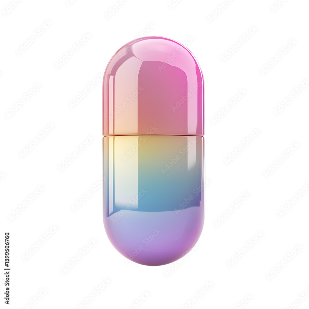 A 3D rendering of a colorful, iridescent capsule. A 3D rendering of a colorful, iridescent capsule.