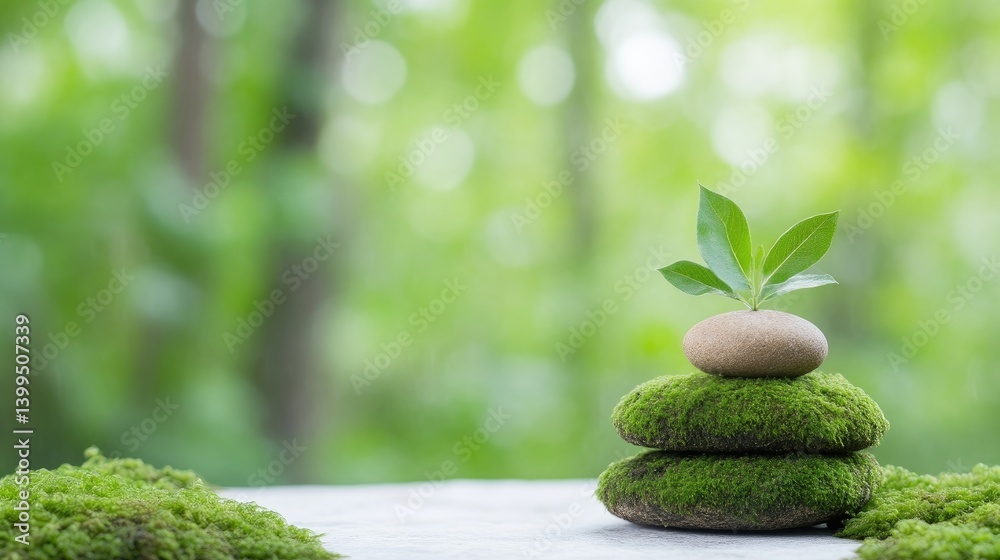 Obraz premium A small green plant sprouting from stacked moss-covered stones on a wooden surface, serene forest background with soft focus, and tranquil nature concept.