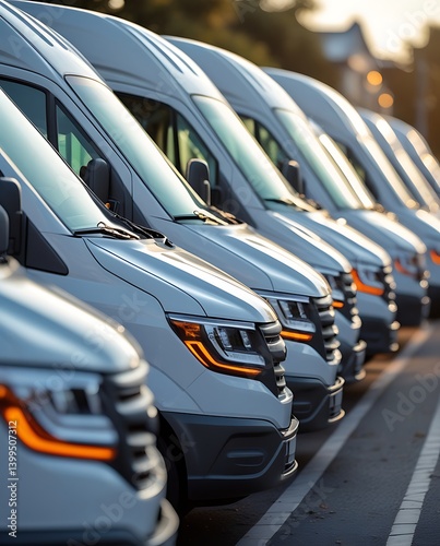 Fleet of modern white delivery vans parked in a row on a city street, representing logistics, transportation, and commercial fleet management

